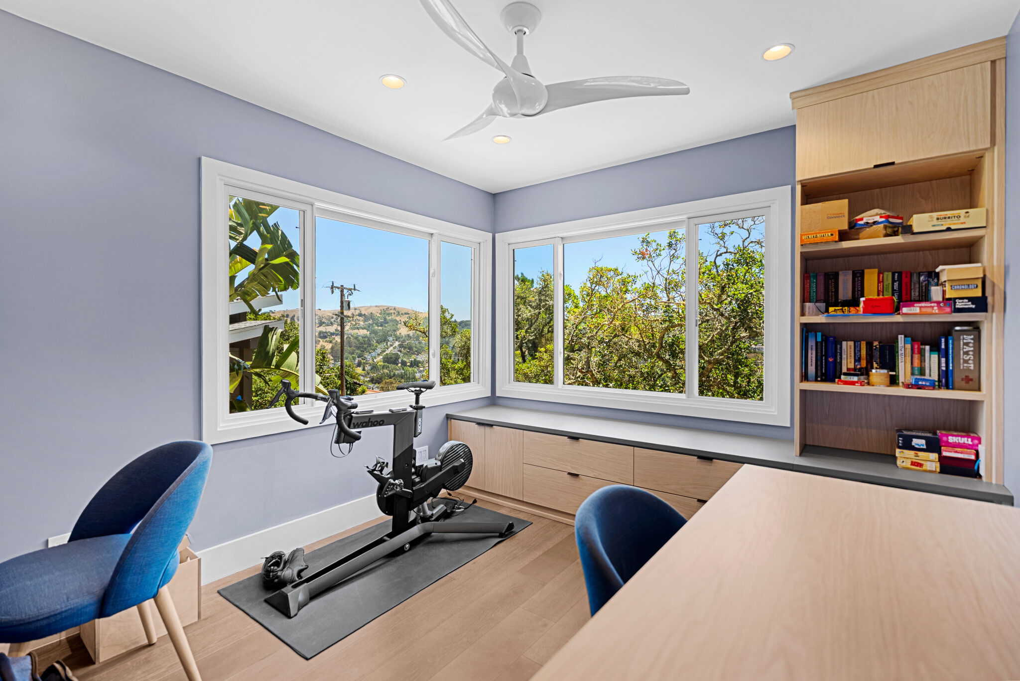 Home gym with exercise bike, large windows, and built-in shelving